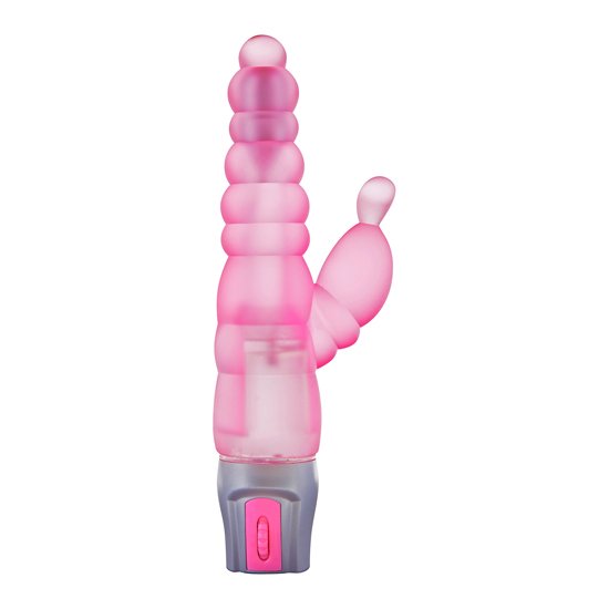 Pink vibrator with clitoral stimulator and silver