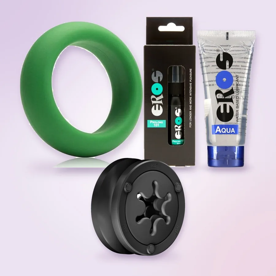 The Fun Factory IKU FLEX masturbator, the Je Joue ring, the Eros Prolong 101 spray and the EROS Aqua lubricant