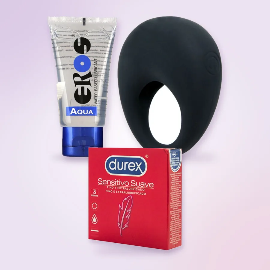 The Pretty Love Trap vibrating ring, the Durex Sensitivo Suave box and the EROS Aqua lubricant